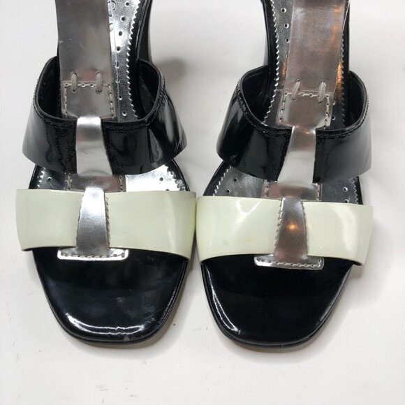 Franco SARTO Shiny Black Silver Patent Leather T-Strap Colorblock Sandal Heels - Picture 2 of 13